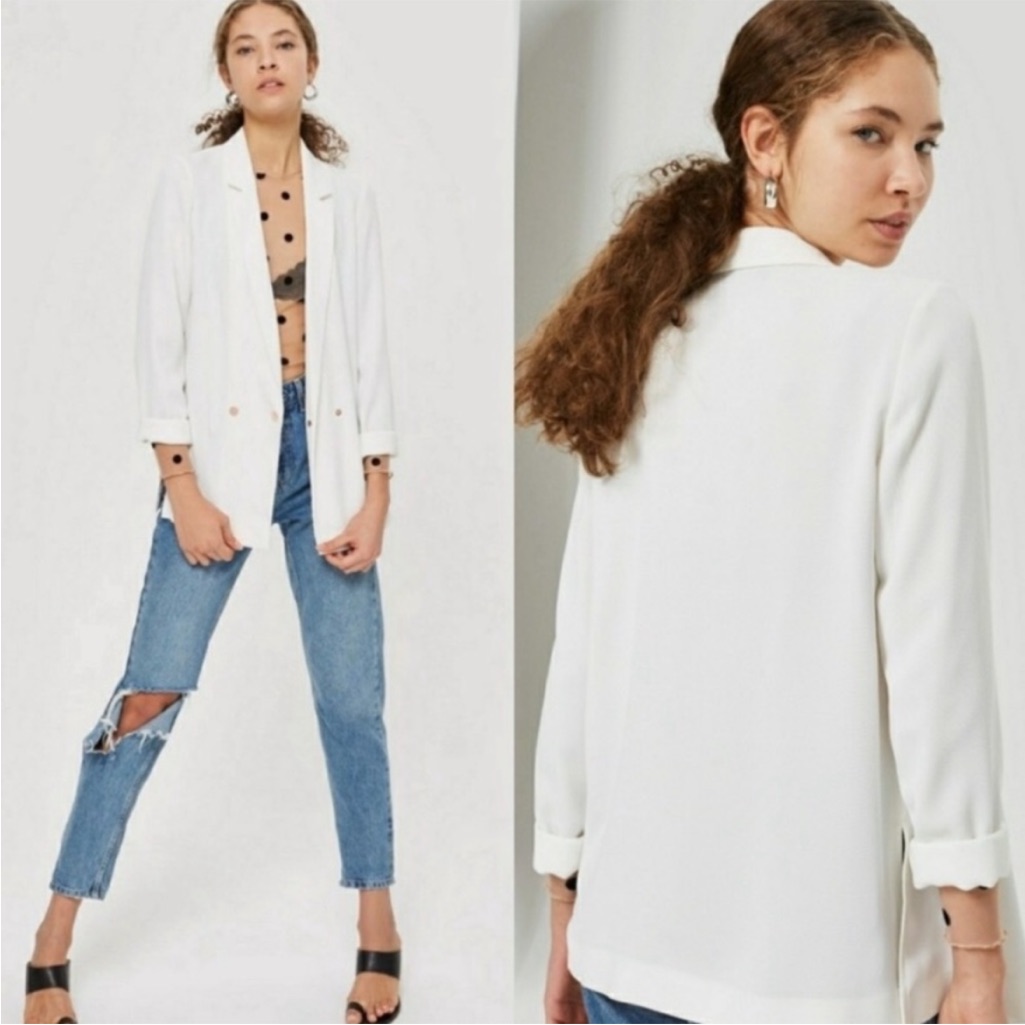 Topshop Boyfriend Blazer White Rose Gold Buttons Double Breasted Jacket Size 10